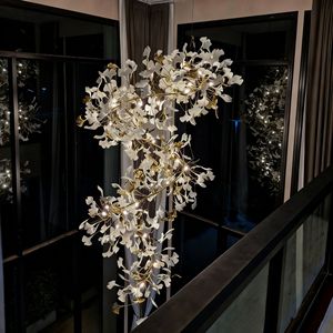 Lustre en céramique de luxe en forme de feuille de Ginkgo, luminaire suspendu moderne nordique pour hôtel, villa, escalier, plafond haut, salon, projet - Product Image 2