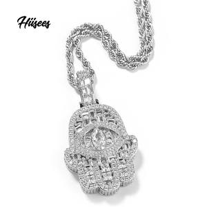 Lucky Hip Hop Iced Out chapado en oro Hamsa mano colgante personalizado moda joyería colgantes encantos Fátima mano collar - Product Image 1
