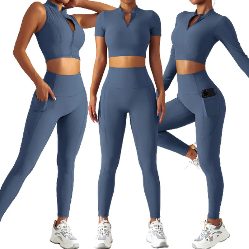 Hot selling sexy zipper top Set outdoor fitness running wear women's Active Wear Hip lift bum yoga pants set suits