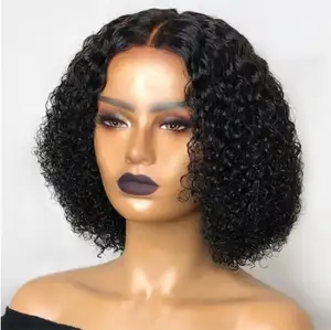 Natural Part Short Bob Hair Wig Black Color With Afro Kinky Curly High Temperature Synthetic Lace Front Wig