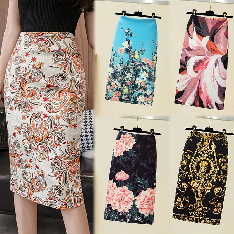 Women Floral Court Printed Midi Long Skirt Female Elastic Stretch Girls Simple Pencil Dress Office Lady Slim Casual Skirt