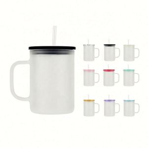 Nouvel arrivage en stock : Verre givré transparent de 15 oz, vierge pour sublimation, type canette, pot Mason, pour soda, lait et bière, avec couvercle coloré et paille - Product Image 1