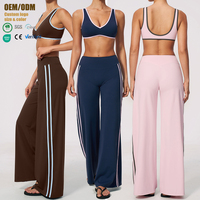 Ensemble de yoga rayé OEM ODM en gros, soutien-gorge de sport à col en V, pantalon taille haute à jambe droite, ensemble de course color block coupe ajustée séchage rapide