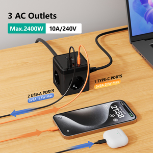 Multiprise Cube norme européenne 10A 5m avec 3 prises CA et 2 ports USB-A et 1 port USB-C – Prise électrique durable - Product Image 4