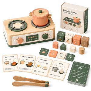 Set da Cucina in Legno Montessori Personalizzato per Bambini con Fornello Giocattolo e Carte Scientifiche per Imparare sui Temi di Cucina - Product Image 1