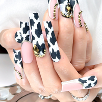 Makeauty – Nouveaux faux ongles de luxe en acrylique, avec grands diamants brillants, rayures vache et ligne argentée, couverture complète, pose facile, super longs