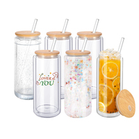 Nouveau 2025 – Gobelet en verre à double paroi de 12oz, 16oz, 20oz pour enfants, pré-percé, avec couvercles en bambou et pailles, idéal pour la création de globes de neige scintillants DIY