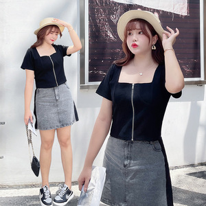 Cárdigan de Verano para Mujer Talla Grande, Negro, Cintura Alta, Manga Corta, con Cierre, N8069, Color Sólido, Popelina de Algodón - Product Image 5