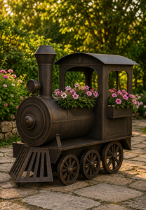 Jardinière vintage en forme de train, décoration de jardin extérieure, pot à fleurs en métal, design rustique de locomotive, décoration de cour et de patio - Product Image 3