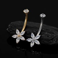 Anneau de nombril en titane ASTM F136 avec zircon marquise en forme de fleur, piercing interne fileté, bijoux hypoallergéniques
