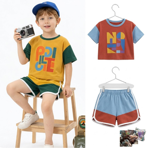 Ensemble de vêtements d'été pour enfants de 3 à 6 ans, t-shirt à col rond et short bicolores, 2 pièces, tenues pour tout-petits - Product Image 1