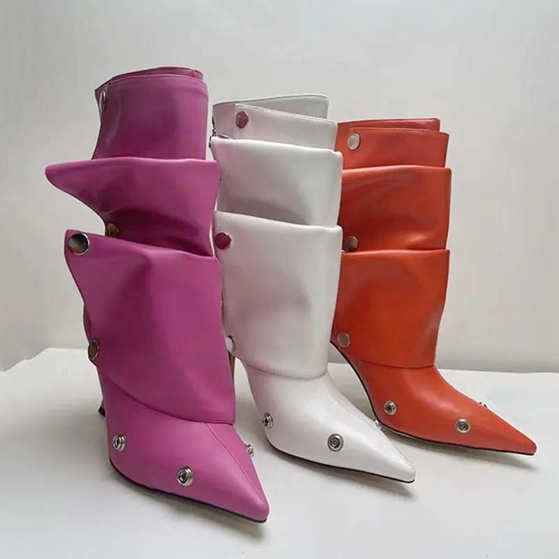 Stokta IDOIT son sivri Toed kovboy çizmeler tasarımcı Denim ekleme uyluk yüksek katlanır çizmeler kadın ayakkabıları