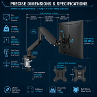Support mural ergonomique à double bras pour moniteur, avec ressort à gaz, mouvement complet, VESA 100x100mm, capacité de charge 10kg, pour postes de travail de bureau