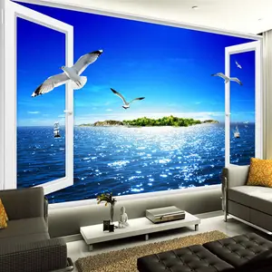 Personalizado foto Mural 3D ventana vistas al mar De pintura De la Pared De playa isla gaviotas Murales De Pared habitación 3D no-tejido de papel pintado