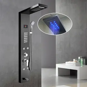 Black Hydro Temperature Indicator Light-emitting Diode Bathroom Wall-mounted Waterfall Shower Faucet