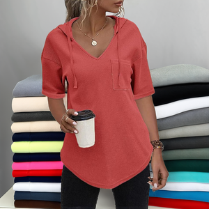 <b>Women</b> V Neck Short Sleeve Cotton Blend <b>Fleece</b> Hoodie Chest Pocket Curved Hem Textured Pullover Custom Light Pink Casual <b>Top</b> - Product Image 2