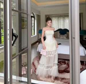 Wholesale Women Fairycore <b>White</b> <b>Tulle</b> Maxi Dress Strapless Corset Bodice Tiered Ruffle Prom Bridal Shower Dress OEM - Product Image 1