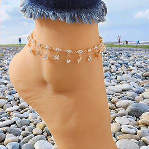 Conjunto de 5 piezas de cadena de eslabones con colgante de cuentas de moda, chapado en oro, con diseño geométrico, para tobillo, regalo de playa - Product Image 5