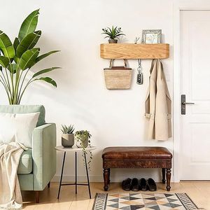 Wooden Wall Mounted Storage Rack With <b>Hooks</b> For Coat Hat And Bag Organizer Entryway <b>Shelf</b> Natural Wood Color Rectangle Shape - Product Image 3
