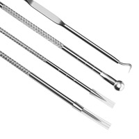 Kit de 4 outils anti-comédons et anti-acné en acier inoxydable argenté – Aiguilles pour l'élimination des boutons