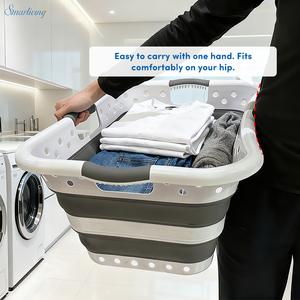 42L ポップアップ収納コンテナ 省スペース ハンパーバスケット 3つのハンドル付き 長方形 プラスチック製 ランドリーバスケット - Product Image 4