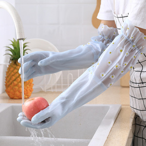 Women's Dishwashing Gloves Thickened <b>Rubber</b> Latex Waterproof With Fleece Lining For Housework Flower Pattern 10 Inch - Product Image 4