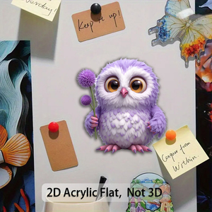 Aimant de réfrigérateur en acrylique en forme de hibou de grange avec <span class=keywords><strong>plume</strong></span> de lavande et fleur de cardinole violette - 1 pièce - Aimant réaliste et mignon en forme d'hibou - Product Image 3