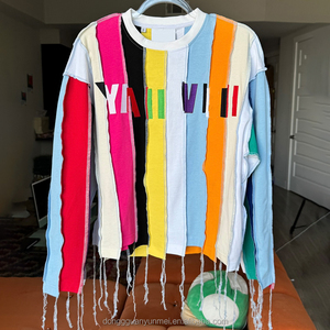 Tùy chỉnh độc đáo không đồng đều tua HEM Áo Thun Thời Trang Dạo Phố cổ điển màu khối chắp vá dài tay áo TEE Mens đau khổ t Áo sơ mi cho nam giới - Product Image 1