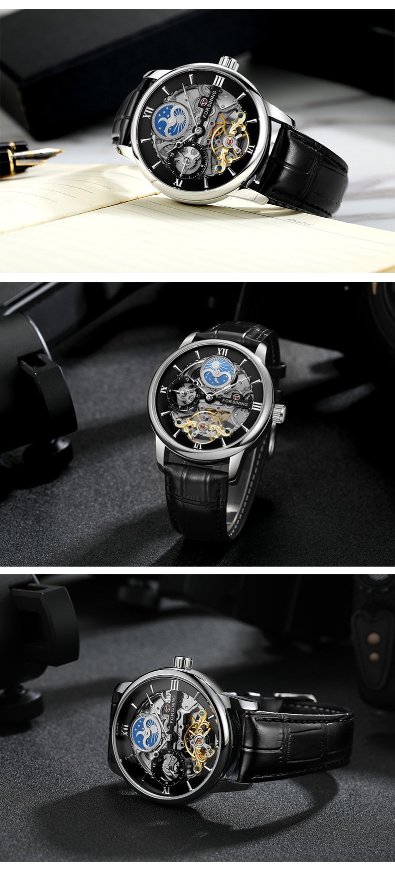 Forsining 8217 Design Hollow Engraving Black Gold Case Leather Skeleton Mechanical Watches Men Luxury Brand Heren Horloge