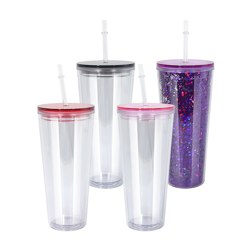 USA Warehouse 24oz Clear Skinny Double Wall Reusable Plastic Snow Globe Acrylic Tumbler cup with Colorful Lid and Straw