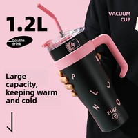 Nouvelle tasse isotherme noire et rose pour thé glacé, en acier inoxydable 304, grande capacité, avec poignée et paille, 40 oz, pour voiture