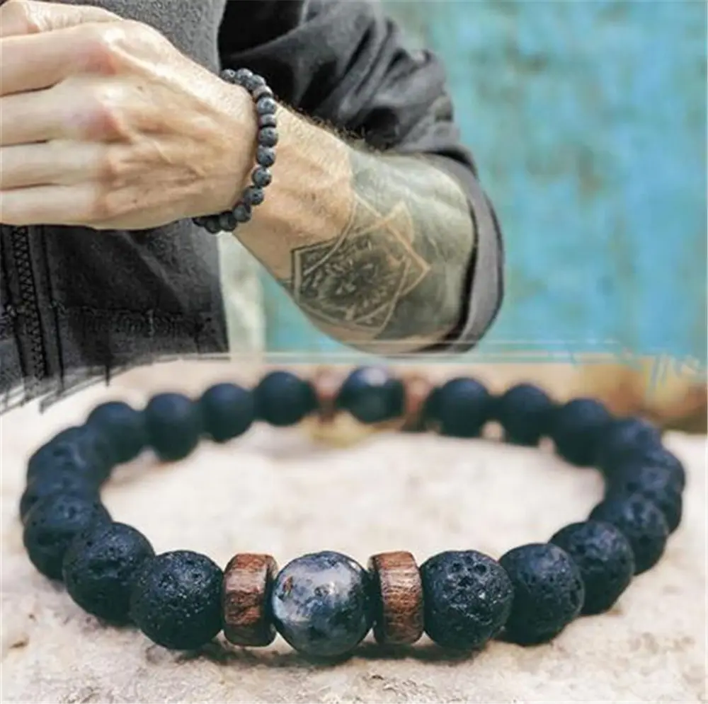 Gelang batu vulkanik untuk Pria Mode batu Lava alami kayu 8mm manik Tibet gelang Buddha hadiah perhiasan