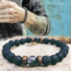 Volcanic Stone Bracelet For Men Fashion Natural Lava Stone Wooden 8mm Beads Tibetan Buddha Bracelet Jewelry Gift