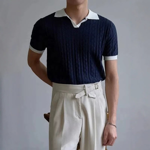 Polo homme tricoté à manches courtes, style italien, blanc et bleu marine, coupe ample, haut de gamme, pour l'été - Product Image 4