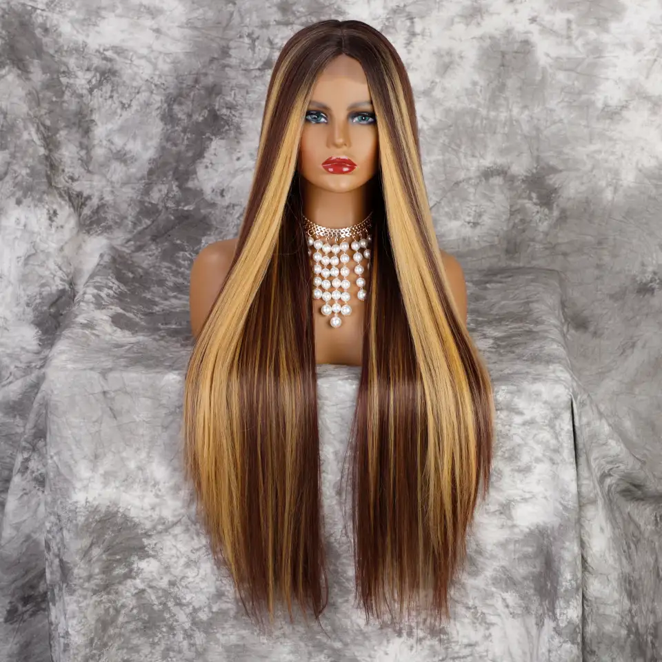 Vigorous long Straight ombre mix brown blonde wigs synthetic lace wig women middle part heat resistant fiber natural looking wig