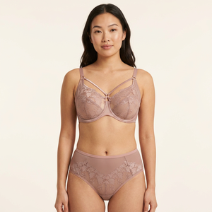 Ensemble soutien-gorge à armatures et culotte taille mi-haute élégant pour femme avec motif floral en dentelle, bretelles convertibles, respirant - Product Image 1