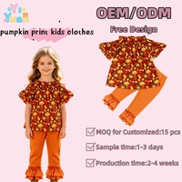 Ensemble 2 pièces pour filles : Haut à volants épaules dénudées imprimé citrouille et leggings à volants orange – Tenue pour enfants pour Thanksgiving et Halloween