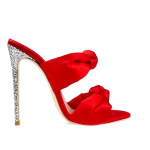 Mules à talons hauts pour femmes personnalisées, à double bride nouée, en satin, pour l'extérieur, printemps-été, avec talon fin et paillettes - Product Image 3
