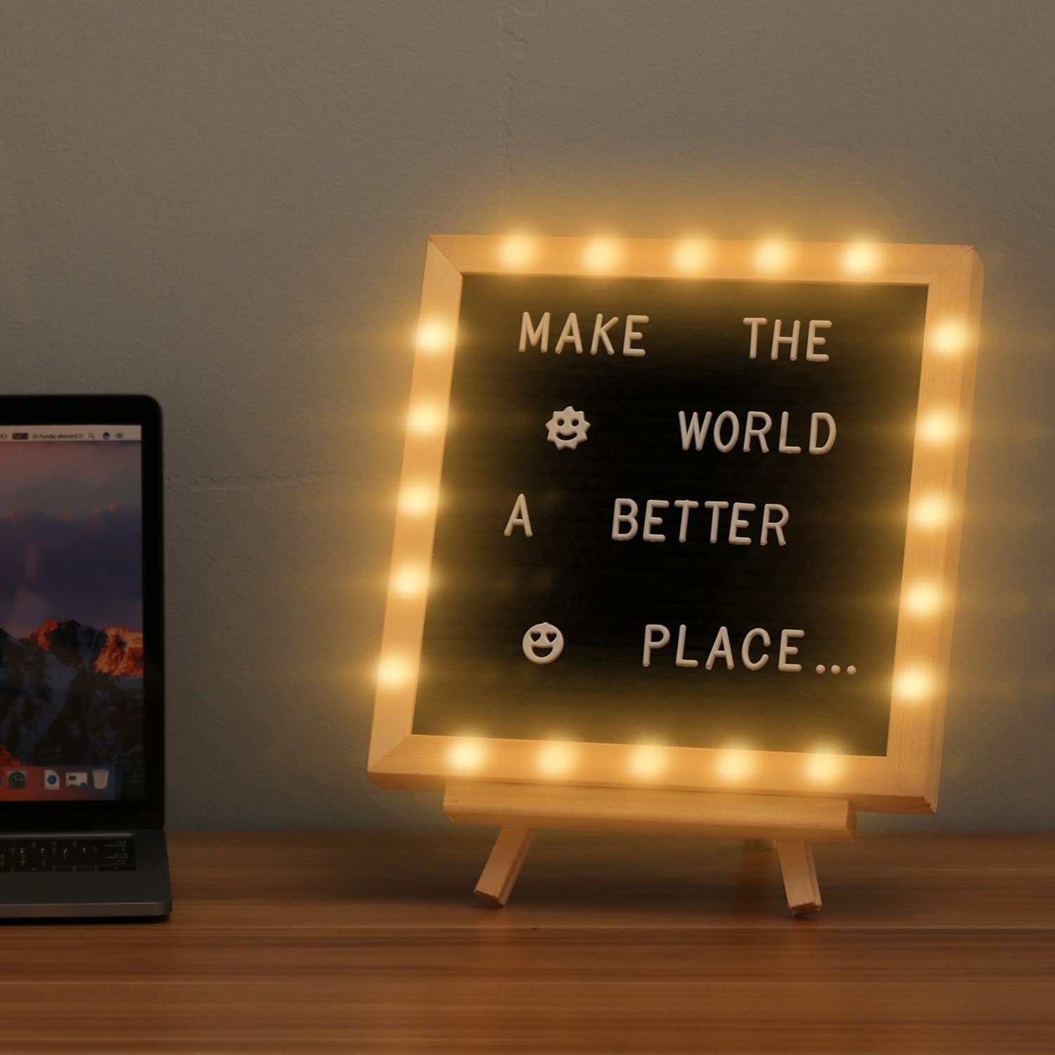 Black Felt Letter Board with LED Lights- 10 *10 Inch Changeable Message Board Built-in LED Lights letter board wooden frame