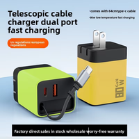 Adaptateur de charge rapide 35W45W65W GaN USB-C avec câble rétractable double port 80W PD 3.0 pour téléphone avec protection OTP OVP OCP