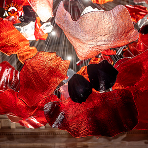 Grand lustre en verre artistique rouge avec abat-jour en acier inoxydable |   Éclairage décoratif personnalisé à LED pour hôtel/villa, garantie 5 ans - Product Image 4