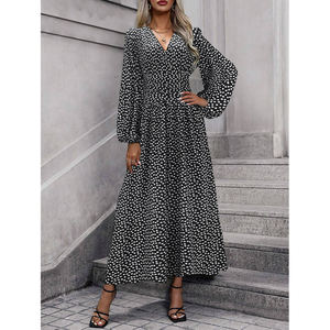 Abiti Lunghi da Donna Nuovo Stile 2026 con Scollo a V Maniche a Sbuffo, Elegante Abito Stampato Stile Europeo con Vita Sottile e <span class=keywords><strong>Spacco</strong></span> Casual - Product Image 5