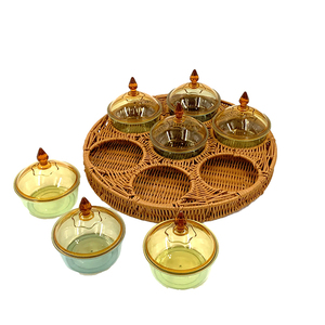 Hot Sell Cestas De Plastico Wicker Snack Fruit Tea Set Round PP Cane Plastic Rattan Basket With Lid Storage Woven Tray