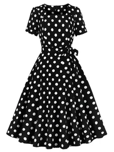 Vestido Retro A-List con Estampado Floral de Puntos, Cuello Cuadrado de Satén, Tirantes Finos, Cintura Natural, Largo hasta la Rodilla, Lavable - Product Image 2