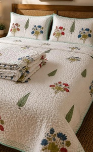 100% Hand Block Printed Cotton Quilt <b>Set</b> Floral Quilted Bedcover with Pillow Covers Lightweight King Boho <b>Comforter</b> - Product Image 3