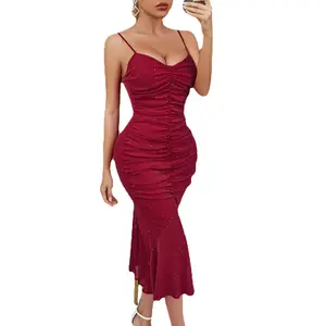 Summer Fashion Mermaid Dress Sexy Sling Burgundy Draped V-Neck Women Solid Slim Sleeveless Halter Backless Pleated Evening Gowns