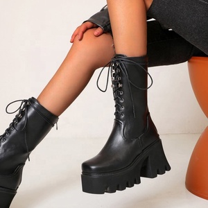 PU Upper Thick Sole Women Boots Back Zipper Combat Short <b>Booties</b> High Heel Comfortable Lace up Half Knee High Boots Shoes - Product Image 6