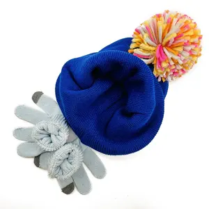 Set Beanie Pom Pom cetakan warna biru, topi rajut senyum bordir kustom untuk anak-anak