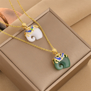 Collar con Colgante de Elefante de Jade Verde y Blanco de la Suerte Estilo Chino para Mujer, Cadena de Acero Inoxidable, Accesorios, Regalos - Product Image 1