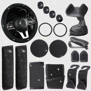11pcs Leather <strong>Car</strong> Steering Wheel <strong>Seat</strong> Belt Phone Holder Sunglasses <strong>Clip</strong> S Hook Cup Mat Set With Rhinestone Accents - Product Image 2